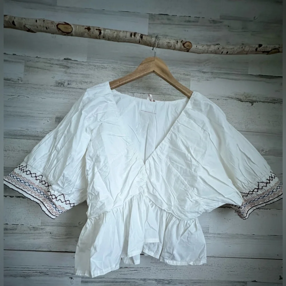 Free People Where We Meet Smocked Blouse Top Buttondown Cotton Crisp L